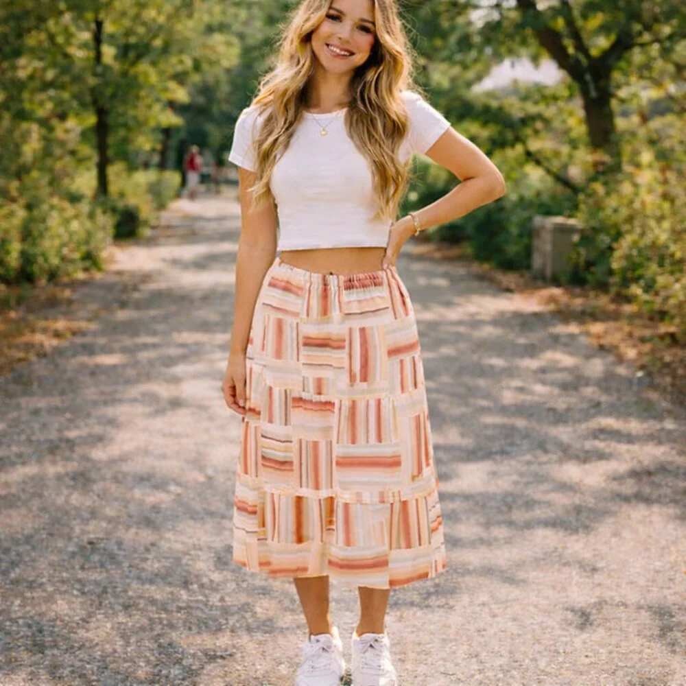Vintage 90s BonWorth Flirty Peach Patvhwork Print Midi Skirt Size M - Picture 1 of 5